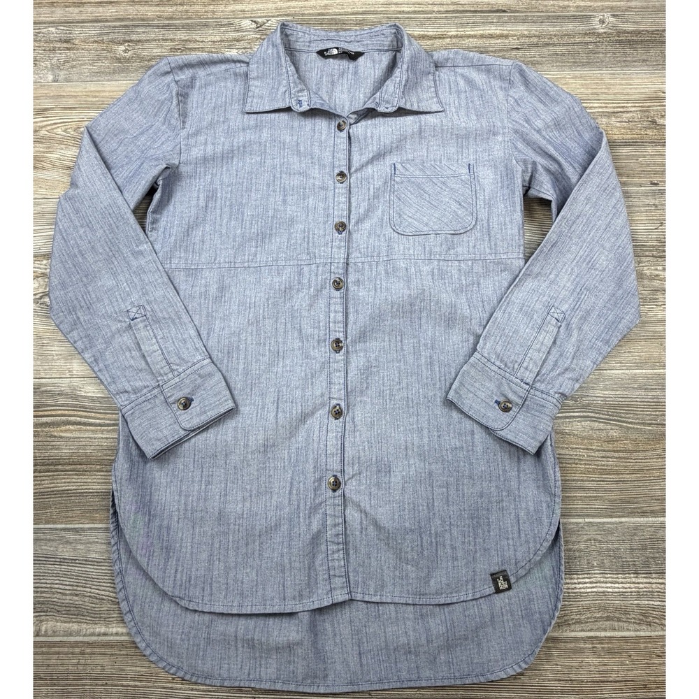 The North Face Women's S Button Up‎ Casual Shirt Heather Blue Cotton Blend